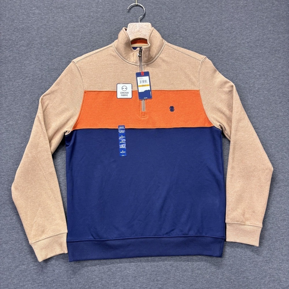 IZOD Sweatshirt Mens Small Camel Orange Navy Colorblock 1/4 Zip Stretch Fleece - Picture 2 of 13